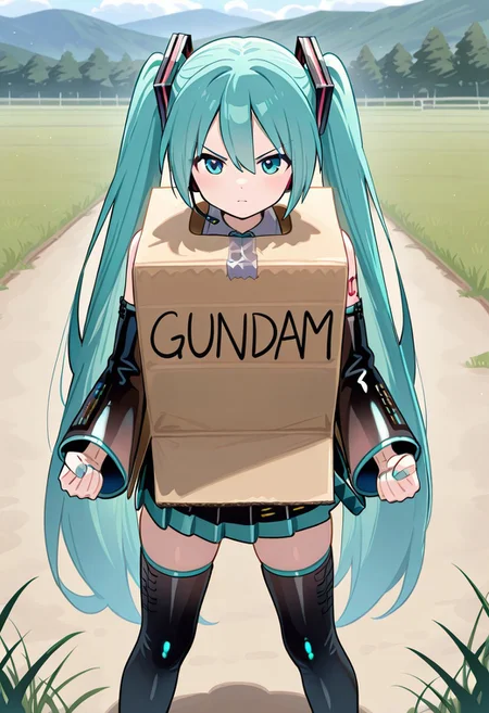 masterpiece, best quality, absurdres, 1girl, female focus, solo, Hatsune Miku, aqua hair, twintails, aqua eyes, detached sleeves, tattoo, pleated skirt, thigh boots, ha_ko_ga, cardboard box, English text, duct tape, clenched hands, standing, outdoors, plain, grass, serious, straight-on,