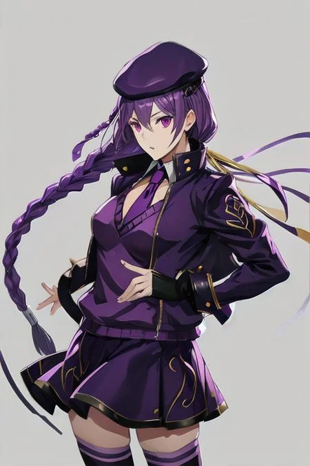 eltnumdef, beret, hair ribbon, cropped jacket, purple jacket, purple sweater, v-neck, necktie, skirt, fingerless gloves, white thighhighs