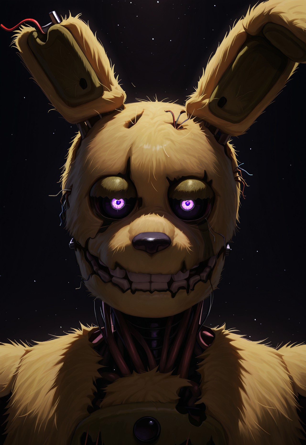 (masterpiece,absurdres,best quality,amazing quality,very aesthetic,absurdres,newest,high resolution,illustration),2024,questionable,nsfw,1boy,solo,fnaf,(springtrap),movie_springtrap,film,realistic,rabbit,close-up,portrait,purple eyes,black sclera,perfect face,yellow fur,closed mouth,animatronic,male,male focus,detailed background,dark background,no humans,dramatic lighting,detailed,light particles,looking at viewer 