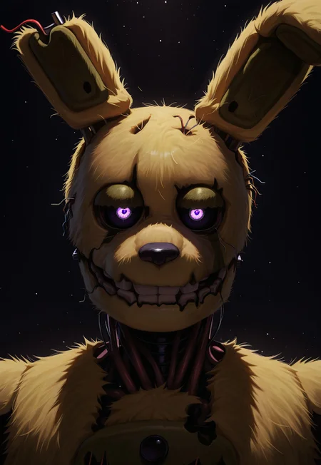 (masterpiece,absurdres,best quality,amazing quality,very aesthetic,absurdres,newest,high resolution,illustration),2024,questionable,nsfw,1boy,solo,fnaf,(springtrap),movie_springtrap,film,realistic,rabbit,close-up,portrait,purple eyes,black sclera,perfect face,yellow fur,closed mouth,animatronic,male,male focus,detailed background,dark background,no humans,dramatic lighting,detailed,light particles,looking at viewer 