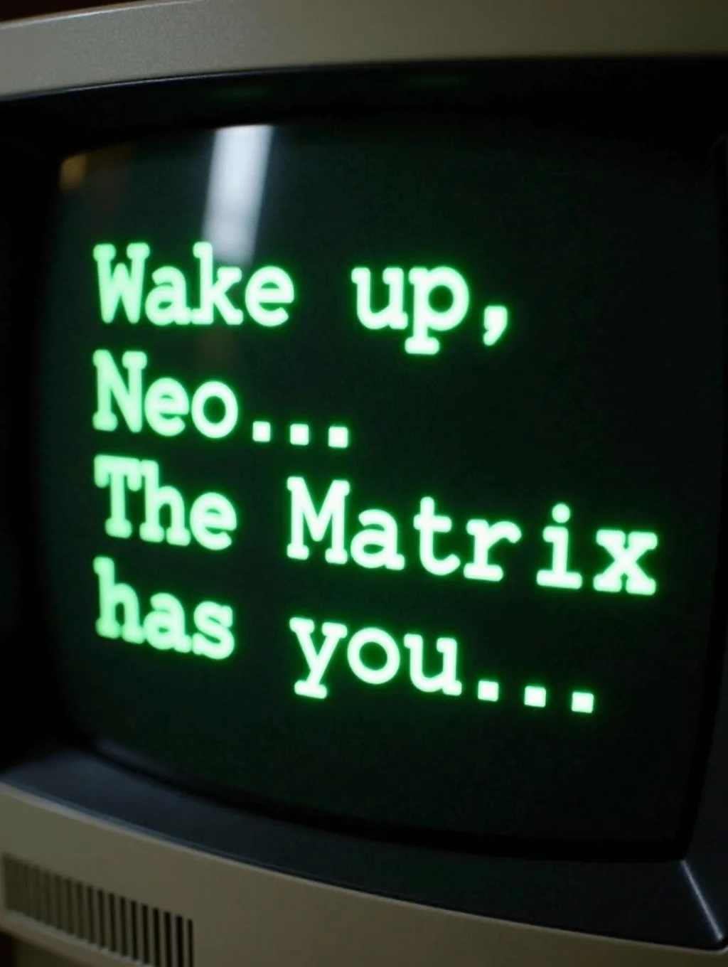 A close-up photo of an old-fashioned computer terminal. 
Two green text lines on black screen:
"Wake up, Neo...
The Matrix has you..."
The text is located in the upper left corner.
Text aligned to the left. Font monospace. CRT-screen. aperture grill.