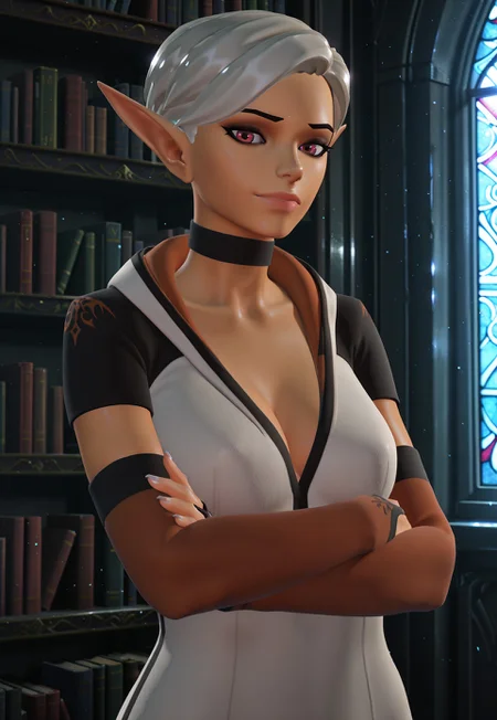 safe_pos, masterpiece, best quality, BREAK, dynamic angle, 1girl, solo, evips, white hair, red eyes, pointy ears, elbow gloves, hoodie, cleavage, choker, arms crossed, looking at viewer, slight smirk, library, medieval scenery, bookshelves, stained glass, sun rays, detailed scenery