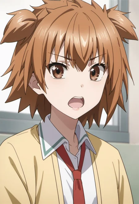 score_9, score_8_up, score_7_up, source_anime, kazama noe, brown hair, brown eyes, two side up, short hair, school uniform, 1girl, solo, open mouth, necktie, anime coloring