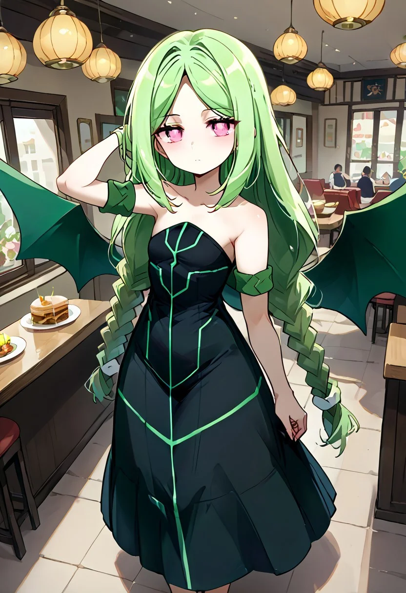 score_9, score_8_up, score_7_up, source_anime, momose kajitsu, 1gril, solo, green hair, long hair, parted bangs, twin braids, pink eyes, small breasts, bare shoulders,green striped black dress,strapless, strapless dress, long dress, green armband, wings, barefoot,, restaurant, good food, warm lighting, celebration, hand behind head, expressionless,, cowboy shot, dutch angle,