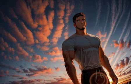 <lora:Altocumulus-10:1> muscular man, Altocumulus Clouds, gradient sky, sunset, outdoors, sky, scenery, muscular man, bokeh, backlight, lens flare, depth of field,  
(very short hair, beard, bara, mature, facial hair, stubble, beard, full beard, sideburn, beard, a lot of beard, ), facial hair,male focus, muscular male, muscular male, bara, mature,  bara, mature, dutch angle,
aixiwuganda_(20222192), very awa, masterpiece, best quality, absurdres, newest, perfect quality, detailed background, intricate details,
<lora:slider_Body Type_alpha1.0_rank4_noxattn_last:2><lora:style_Anime Summer Days 2 Style SDXL_LoRA_Pony Diffusion V6 XL:.6><lora:slider_cfg_scale_boost:.7><lora:face_Artist6p-10:.55>, Artist6p, Artist04p,<lora:slider_il_brightness_slider_d1:-1><lora:slider_il_contrast_slider_d1:-1><lora:slider_DarkSlider1.2_alpha1.0_rank16_full_300steps:-.6>