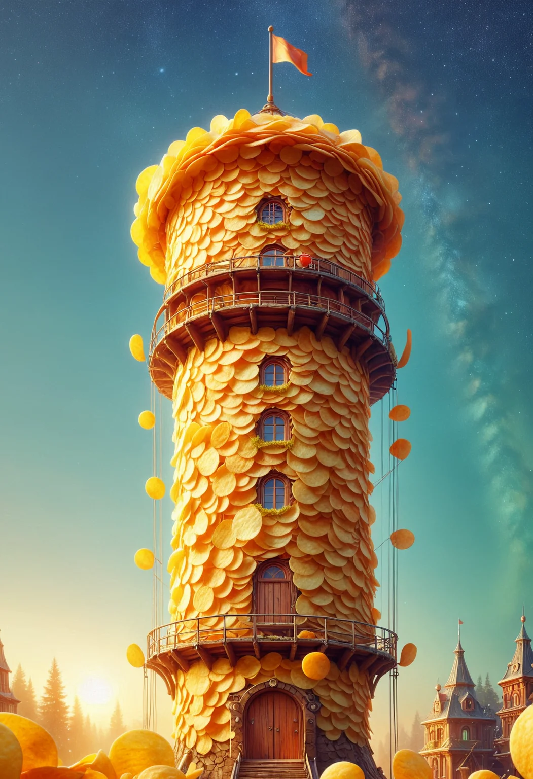(detailed art designed by Victo Ngai:1.1), Impasto, (Water tower:1.1), it is Deserted and Vintage, Bokeh, Hopeful, Cutecore, side light, 800mm lens, Pearlescent neon hue, fairy tale, octane engine, made out of potato chips, <lora:PinkiePttChpsSDXL-v1:1>, p1nkch1ps, sunny, ambient background, fine artistic composition, dynamic cinematic color,