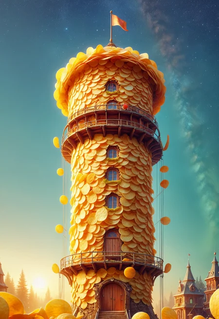 (detailed art designed by Victo Ngai:1.1), Impasto, (Water tower:1.1), it is Deserted and Vintage, Bokeh, Hopeful, Cutecore, side light, 800mm lens, Pearlescent neon hue, fairy tale, octane engine, made out of potato chips, <lora:PinkiePttChpsSDXL-v1:1>, p1nkch1ps, sunny, ambient background, fine artistic composition, dynamic cinematic color,
