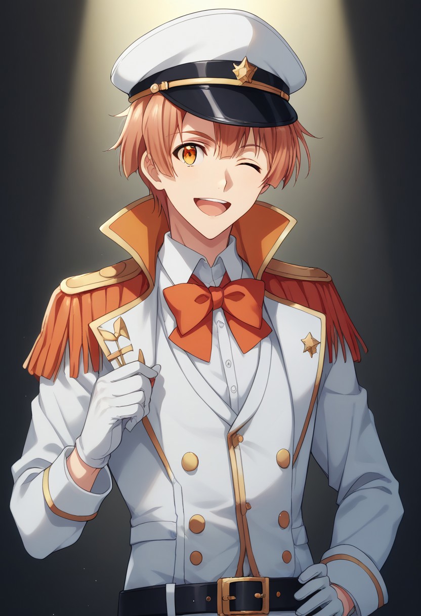 score_9, score_8_up, score_7_up, source_anime, highly detailed, 
mitsuki, 1boy, male focus, hat, white headwear, epaulettes, gloves, solo, orange hair, white gloves, belt, bowtie,
bow, orange eyes, red bow, red bowtie, uniform, orange hair, open mouth, upper body, smile, wink,
indoor, stage