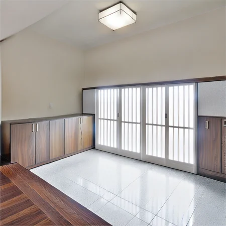 no humans, front door, sliding doors, wooden shelf, indoors, door, scenery, hallway, wooden floor, ceiling light, ceiling, floor, tiles, photo background