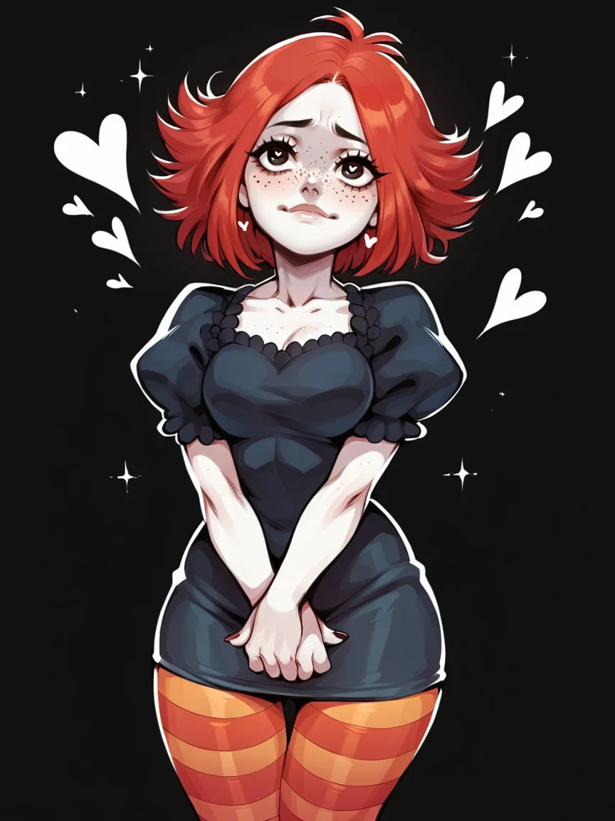 score_9, score_8_up, score_7_up, score_6_up, score_5_up,   <lora:RubyGXLP_r1:1> rubyg, red hair, 1girl, freckles, solo, striped pantyhose, dress, curvy, black background, heart