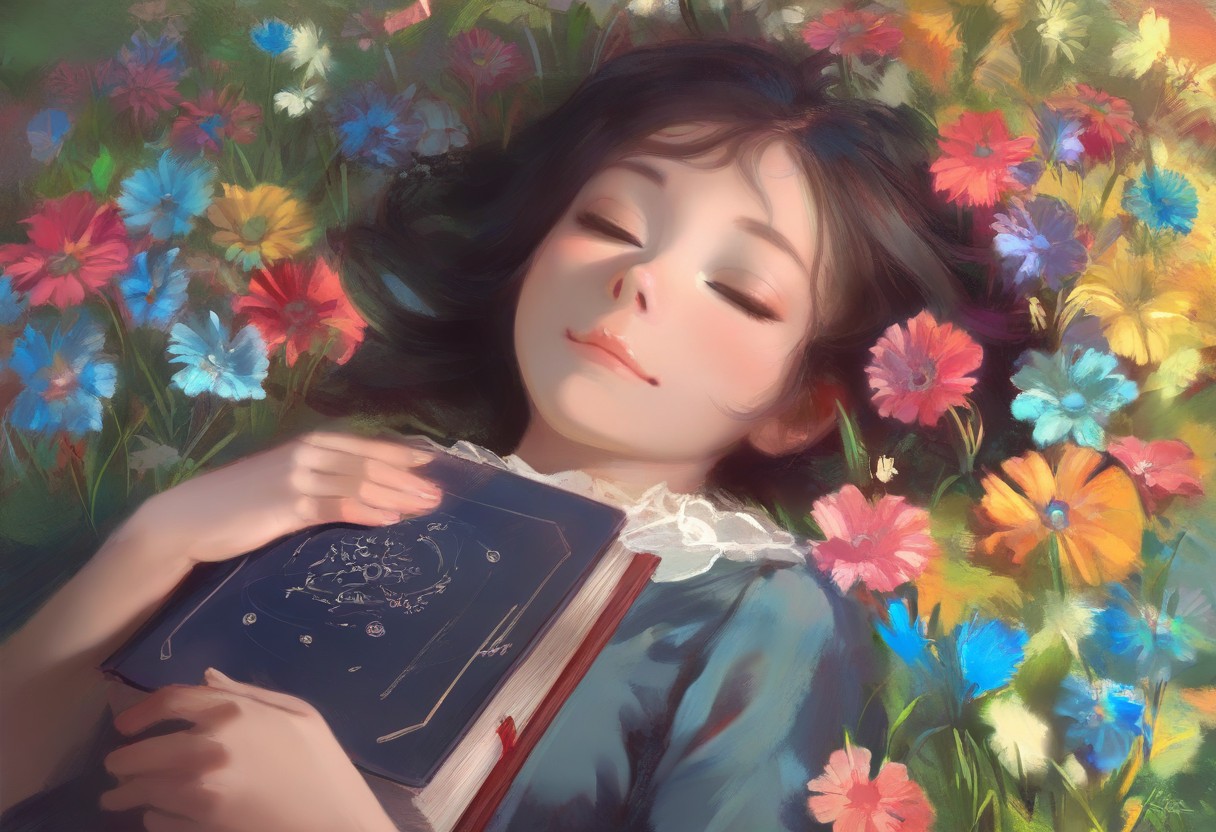 masterpiece, best quality, realistic, painting \(medium\), 1girl, intricately detailed, lying on back in a colorful meadow, light smile, closed eyes, book on chest<lora: 1equals2_V1_6_NoobAI:0.8>