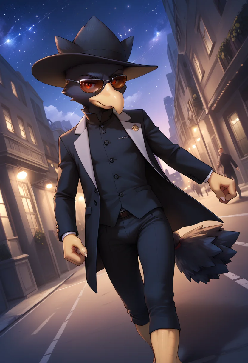 score_9, score_8, score_7, score_6, source_anime, dark street, cityscape, night sky, star \(sky\), dutch angle,
BREAK
1boy, (murkrow, pokemon (creature), avian, anthro, red eyes), looking at viewer, walking, suit, hat, sunglasses, mafia, clenched hand, serious look, <lora:IncaseLycoXL:0.6> <lora:PersonalAmi_PonyXL:0.5> <lora:Pony Detail Tweaker V2.0:5> <lora:POKEMON_MURKROW:1>