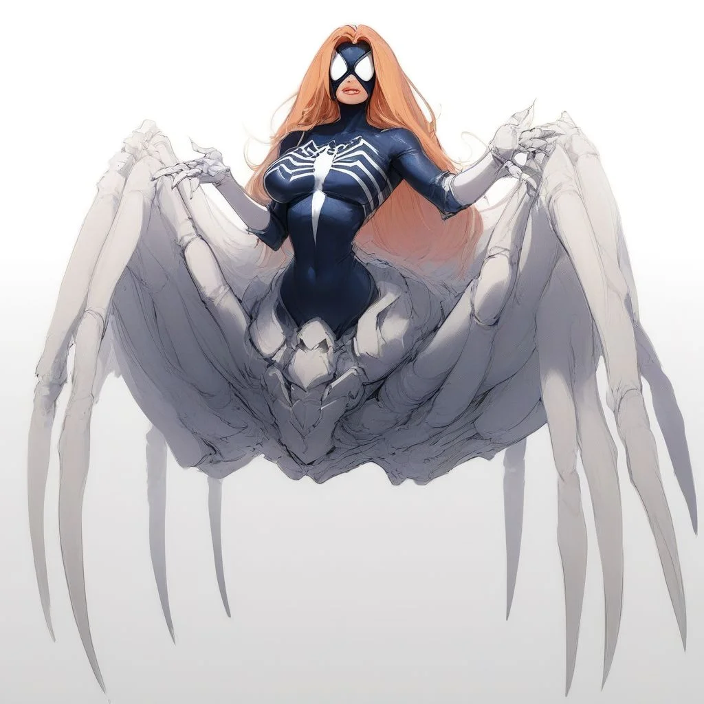 source_cartoon, source_anime, score_9, score_8_up, score_7_up, score_6_up, woman spider hybrid, (drider:1.4), spider body, human legs, multiple legs, legs spread, m-legs, enhancer, masterpiece, raytracing, absurd, intricate, (zPDXL2), (style parody, parody, absurd resolution, cowboy shot) BREAK spderwman, long hair, bodysuit, skin tight, mask