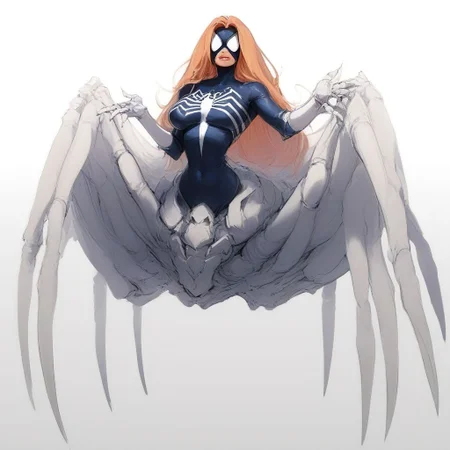 source_cartoon, source_anime, score_9, score_8_up, score_7_up, score_6_up, woman spider hybrid, (drider:1.4), spider body, human legs, multiple legs, legs spread, m-legs, enhancer, masterpiece, raytracing, absurd, intricate, (zPDXL2), (style parody, parody, absurd resolution, cowboy shot) BREAK spderwman, long hair, bodysuit, skin tight, mask