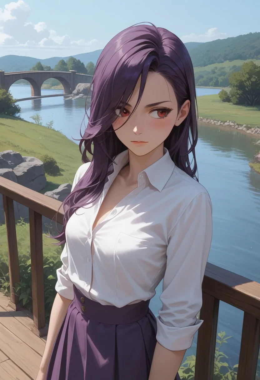 score_9, score_8_up, score_7_up, 26 years old,, zPDXL3, 1girl, solo, small breasts, purple hair, (upper body, face focus, close-up:1.1), leaning, leaning onto railing,
red eyes, long hair, nude, dutch angle, standing,
white blouse, purple skirt, wooden bridge, river, rolled up sleeves, blush, looking away,