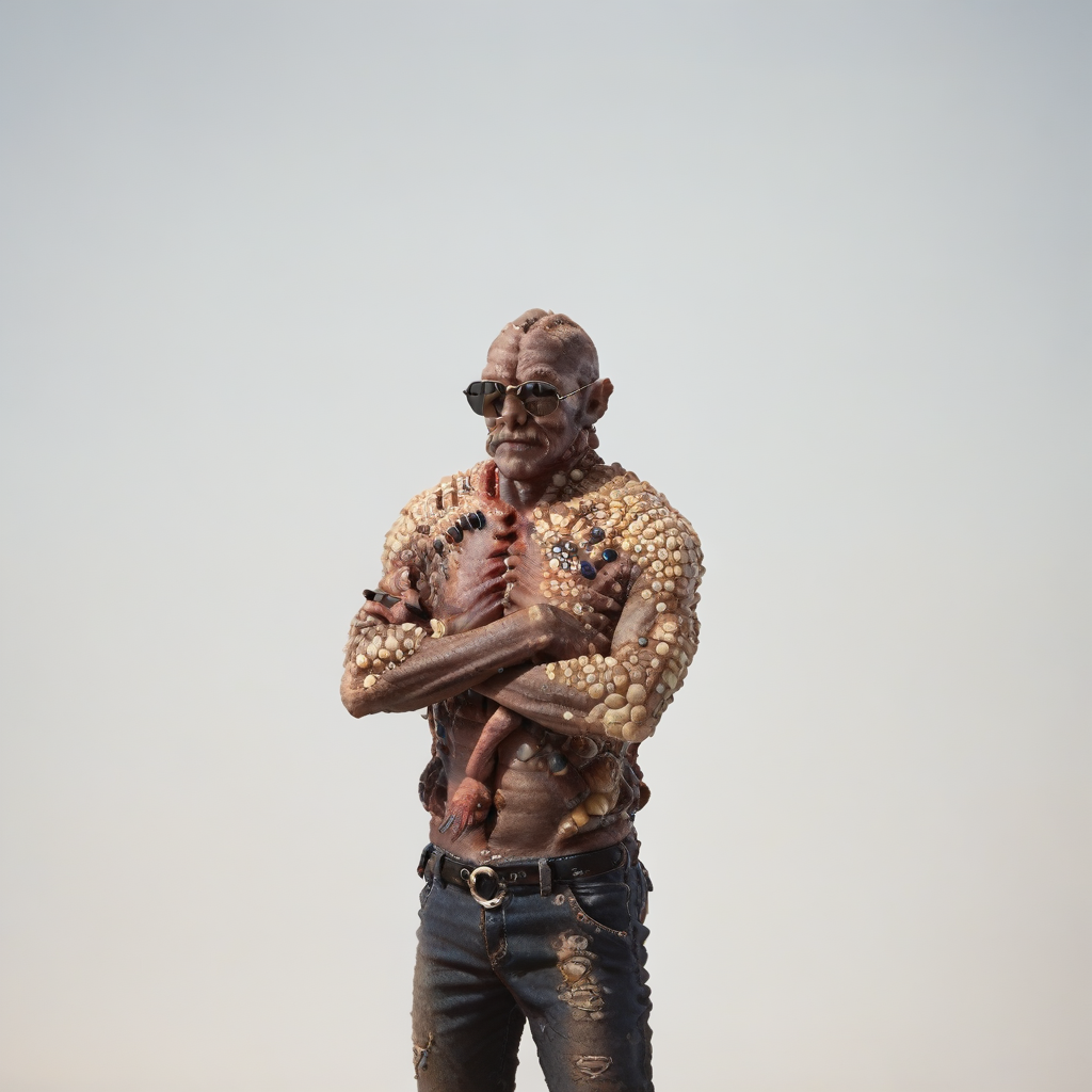 score_9,score_8_up,score_7_up,score_6_up,score_5_up,score_4_up,rating_safe,<lora:soma_zombie:1>,soma_puppet,monster,alien,standing,arms crossed,sunglasses,