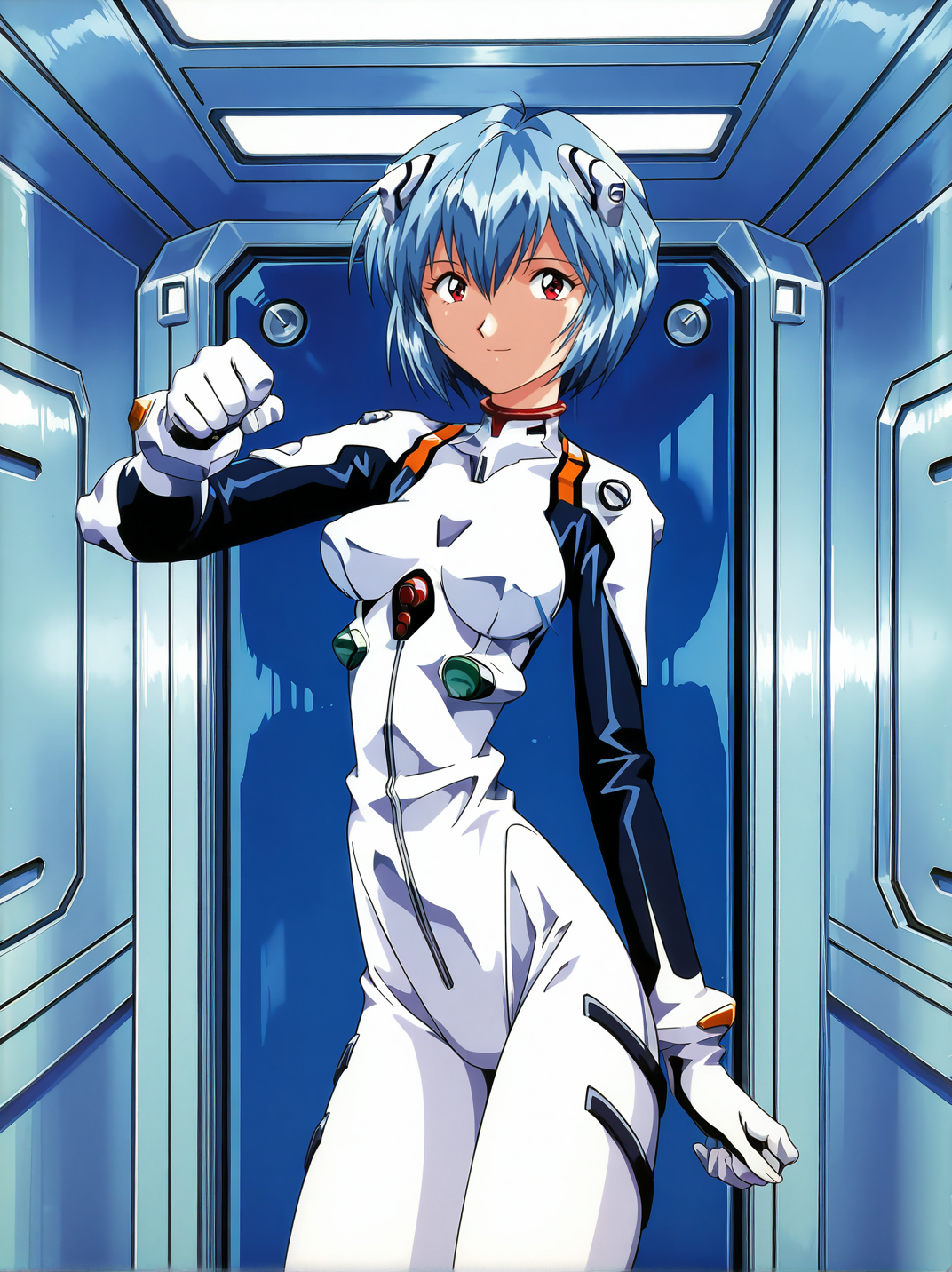 general,highres, ultra-detailed,very aesthetic,best quality ,best hands ,BREAK,
<lora:Yamashita_Toshinari_style_Illustrious_FW:1.3> ,ytfw, 1girl, ayanami rei, white plugsuit, skindentation,  dynamic pose,  cowboy shot,   smile,  mega city , futuristic, control room,1990s \(style\),retro artstyle,