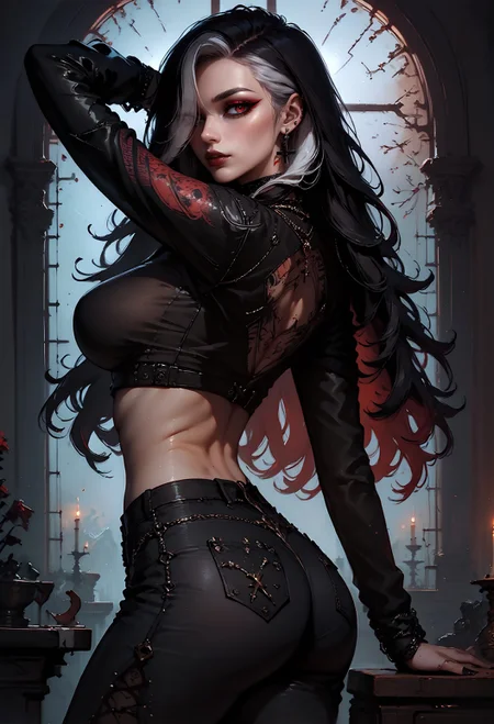 score_9, score_8_up, score_7_up,  1girl, goth girl, back view, round butt, solo, long hair, large breasts, looking at viewer, black hair, multicolored hair, white hair, long sleeves, navel, jewelry, earrings, midriff, pants, necklace, hair over one eye, black eyes, arm up, crop top, grey eyes, tattoo, makeup, black pants, cross, arm behind head, gothic, black leather, leather jacket, red eyes, leather boots, on leg up, red light  <lora:pony/concept_art_darkside:0.8> concept art, realistic <lora:pony/expressiveh:0.8> expressiveh <lora:pony/goth_girl_xl_v2:0.8>