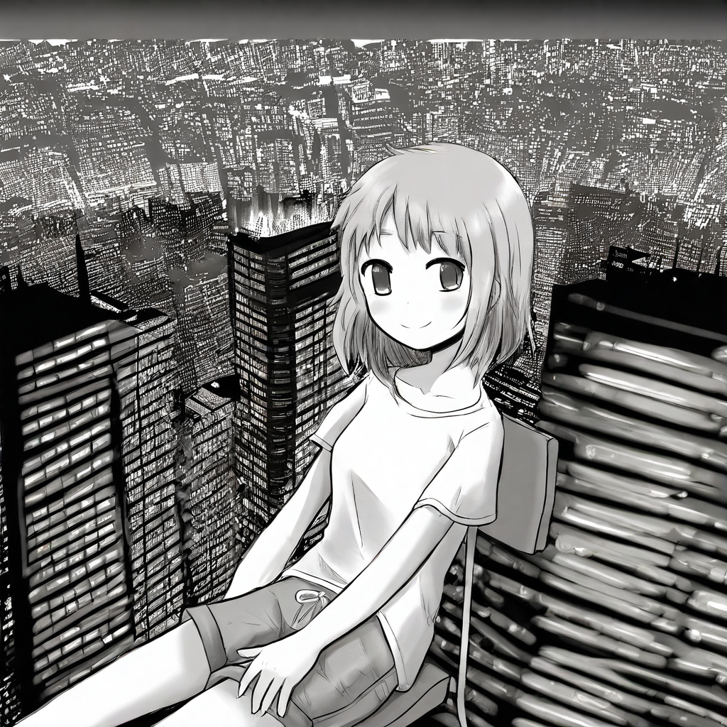1girl, shirt, shorts, city background, smile