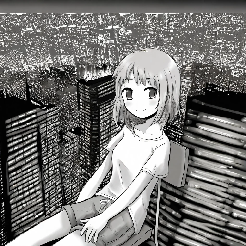 1girl, shirt, shorts, city background, smile