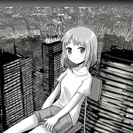 1girl, shirt, shorts, city background, smile