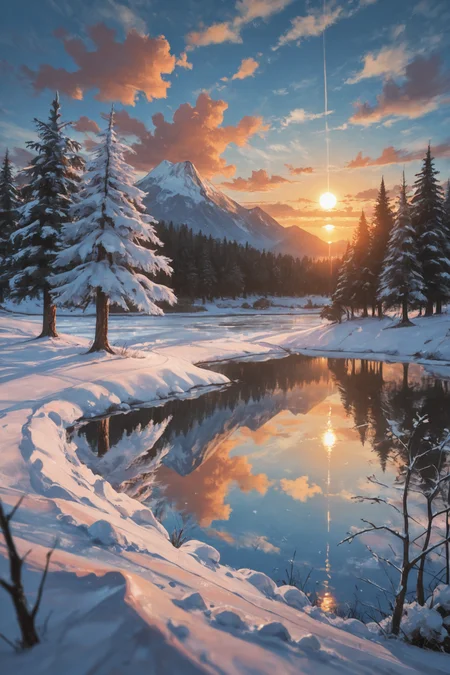 reflection, scenery, no humans, tree, cloud, outdoors, sun, pine tree, sky, snow, mountain, reflective water, sunset, nature, mountainous horizon, gradient sky, cloudy sky, landscape, forest, blue sky, orange sky, winter, lake, evening, water, sunrise, day, bare tree, sunlight,
<lora:rimixO:0.65>, masterwork, masterpiece, best quality, detailed, depth of field, , high detail, best quality, very aesthetic, 8k, dynamic pose, depth of field, dynamic angle, adult, aged up