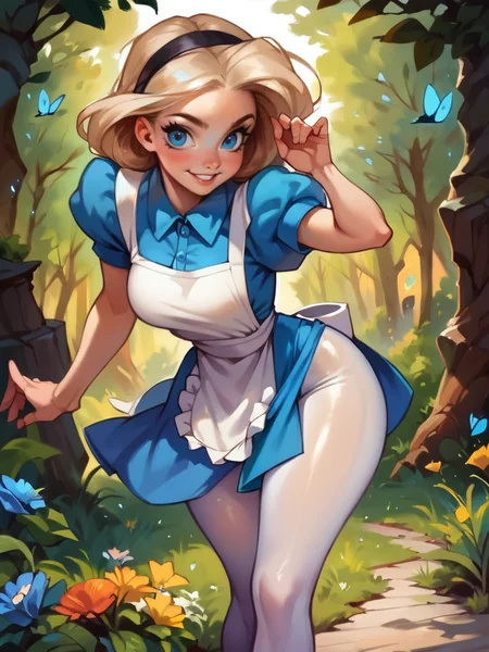 core_9, score_8_up, score_7_up, score_6_up, AliceWaifu walking in a forest around multiple flowers, magic particles, leaning forward, cute pose, medium breasts, narrow waist, wide hips, thick thighs, cinematic, naughty face, smile,  blue eyes, blue dress, white pantyhose, apron, black hairband, blonde, disney style, looking at viewer, realistic, cute, 
detailed landscape, cowboy shot,
 <lora:AliceInWonderlandXLPony_character-10V2:0.6> <lora:[GP]Thicc Style XL:0.75>
