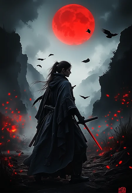 . A wide-angle shot of a female Samurai walking through a desolate landscape with crows flying overhead wearing a weathered black cloak with a katana drawn, with a blood-red moon in the background. The atmosphere is mysterious and cinematic, with wisps of smoke and ash blending into the scene., <lora:bv-crimson-ronin-style-v1.safetensors:1.0:1.0>