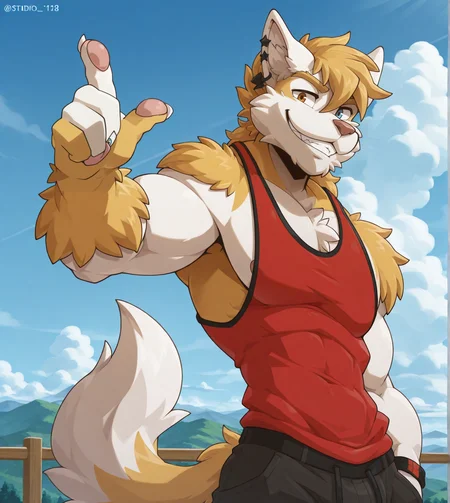 studio ghibli,  (solo), anthro, furry, male, male focus, manly, solo, waltt, looking at viewer, smile, orange eye, blue eye, looking at viewer, pose, posing, pinup, red tank top, 
BREAK masterpiece, best quality, amazing quality, very aesthetic, high resolution, ultra-detailed, absurd res, newest, scenery,    <lora:WalttIL:1>