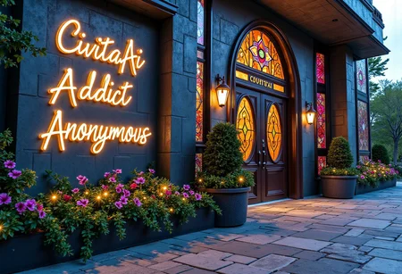 The building is a blend of fantasy and functionality, with shimmering, color-changing walls and tall, stained-glass windows depicting mythical scenes. Despite its dreamlike appearance, it serves a clear municipal purpose.
In front of the entrance, a polished, sparkling sign reads "CivitAi Addict Anonymous Meeting" in bold silver script, with "We can help you with your buzz overspending" in smaller golden letters below. The sign is set against a backdrop of lush, magical gardens, where oversized flowers glow and trees have gem-like leaves.
The entrance itself is grand, with dark, enchanted wooden doors detailed with twisting, vine-like patterns. The pathway to the doors is made of floating cobblestones that chime softly with each step.
People approach the building calmly, treating it like any other municipal structure. They pass by the sign, unfazed by the fantastical elements, ready to attend the meeting inside. The building’s whimsical design adds a touch of magic to its serious purpose.