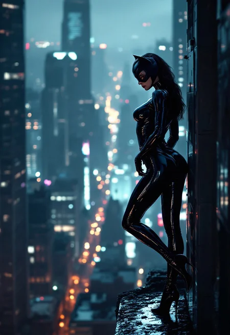 beautiful catwoman in leather black tight suit leaning, long legs, high heels, roof of a building in a big city skyscrapers, noir, surrealism, romantic scene, ultra-sharp, colorful, intricate details, hyper-detailed, chiaroscuro lighting