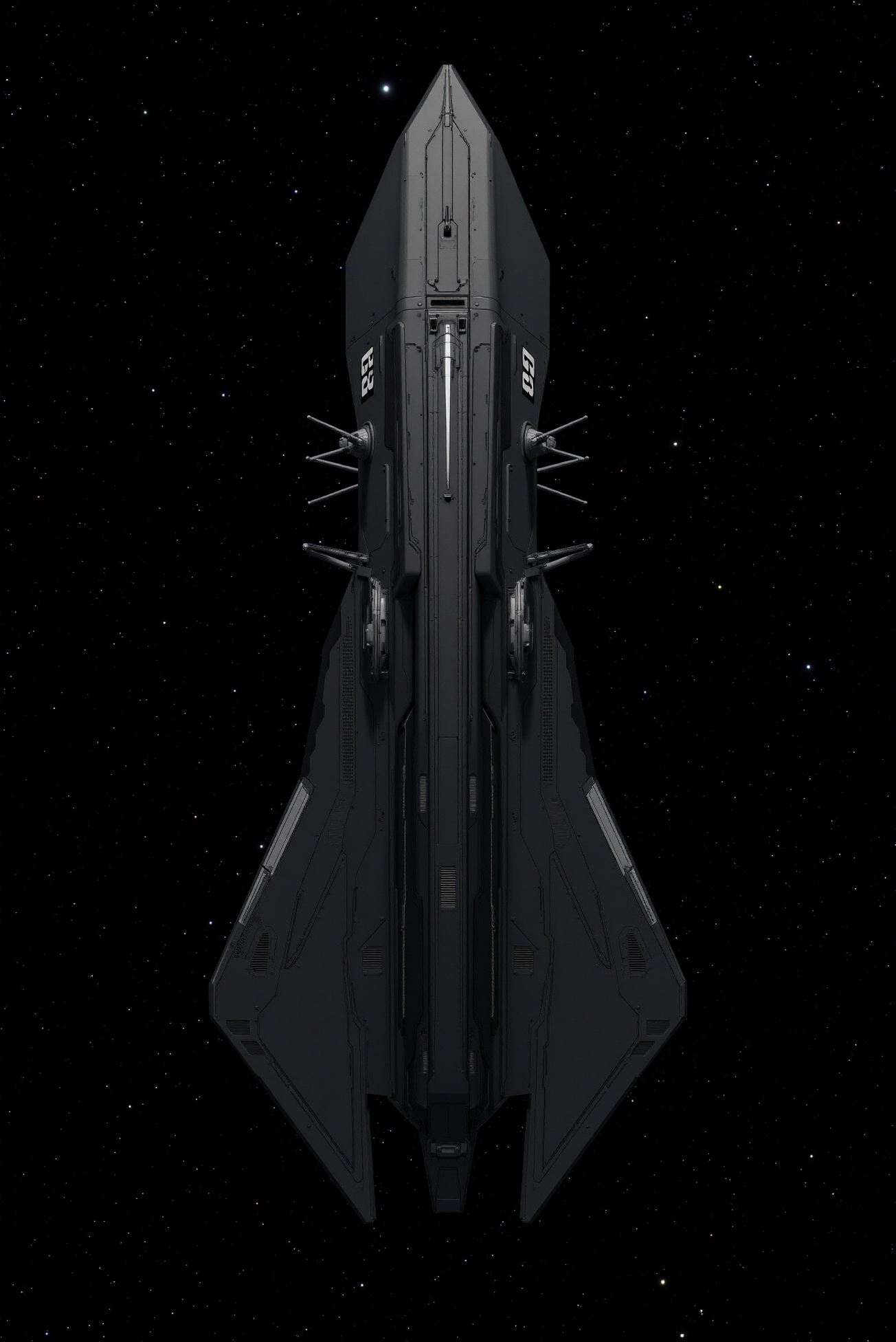 <lora:SpaceCraft_v.5:0.8> SPCCRFT style.
A tactical interceptor cruiser with a dagger-shaped silhouette rendered in matte obsidian black, its faceted armor plating accentuated by sharp contour ridges and clean-cut stealth seams; luminous white insignia and thin signal stripes trace across the elongated hull, broken only by recessed missile ports and sensor blisters; the vessel's sleek geometry is captured from a low rear three-quarter view, highlighting its dual ventral fins and angular symmetry under a dense, star-filled galactic backdrop.