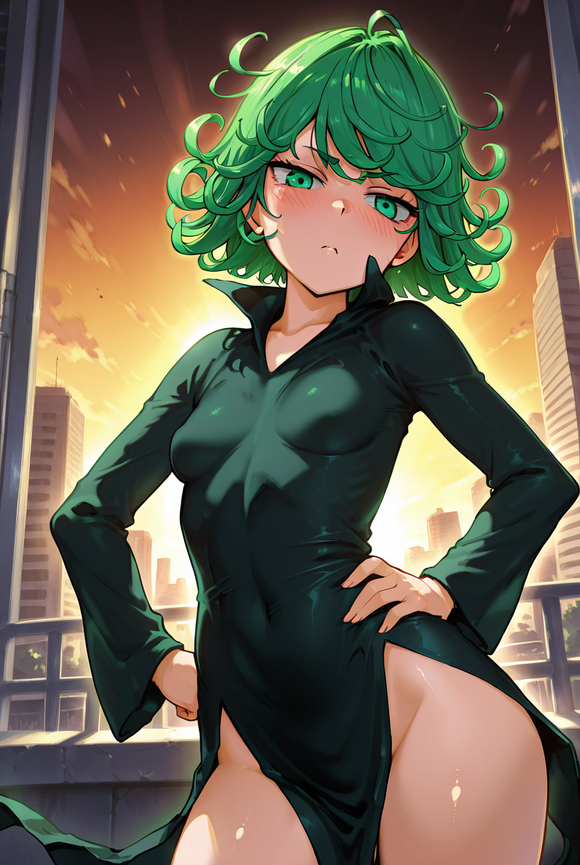 seuraisag0, masterpiece, best quality, aesthetic, shiny skin, wide angle, cowboy shot, upperbody, 1girl, one hand on hip, city, Tatsumaki, One-Punch Man, 1girl, aqua green eyes, medium green hair, black dress, small breasts, thicc, slight blush, half closed eyes, furrowed brow, pissed, warm lighting,