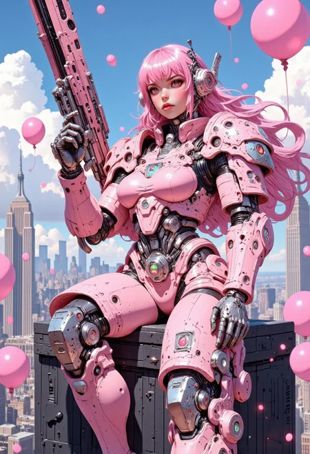The image features a pink-haired, anime-inspired female woman dressed in futuristic, high-tech pink armor. Her armor is predominantly pink with metallic details, including shin guards, knee pads, and a chest plate, giving her a bold, commanding appearance. She is holding a large, rifle with intricate details and pink accents, suggesting a combat-ready posture. She sits on top of a building, with the New York city skyline visible in the background, showcasing iconic skyscrapers such as the Empire State Building.
The image has a dynamic composition, with the subject framed slightly to the side, her gaze directed towards the viewer. Floating around her are pink balloons, adding a surreal, dream-like quality to the scene. The vibrant pink hues contrast with the backdrop of the city and the bright blue sky, creating a striking visual effect. The character’s long, flowing pink hair further enhances the scene's fantastical and energetic feel.
The overall theme blends futuristic technology with playful, almost whimsical elements, suggesting a powerful yet light-hearted aesthetic. The setting on top of a skyscraper with a wide cityscape implies both a sense of power and detachment from the world below.
Perfect hand. candy colors in the style of ckcf, cyberpunk,mythp0rt