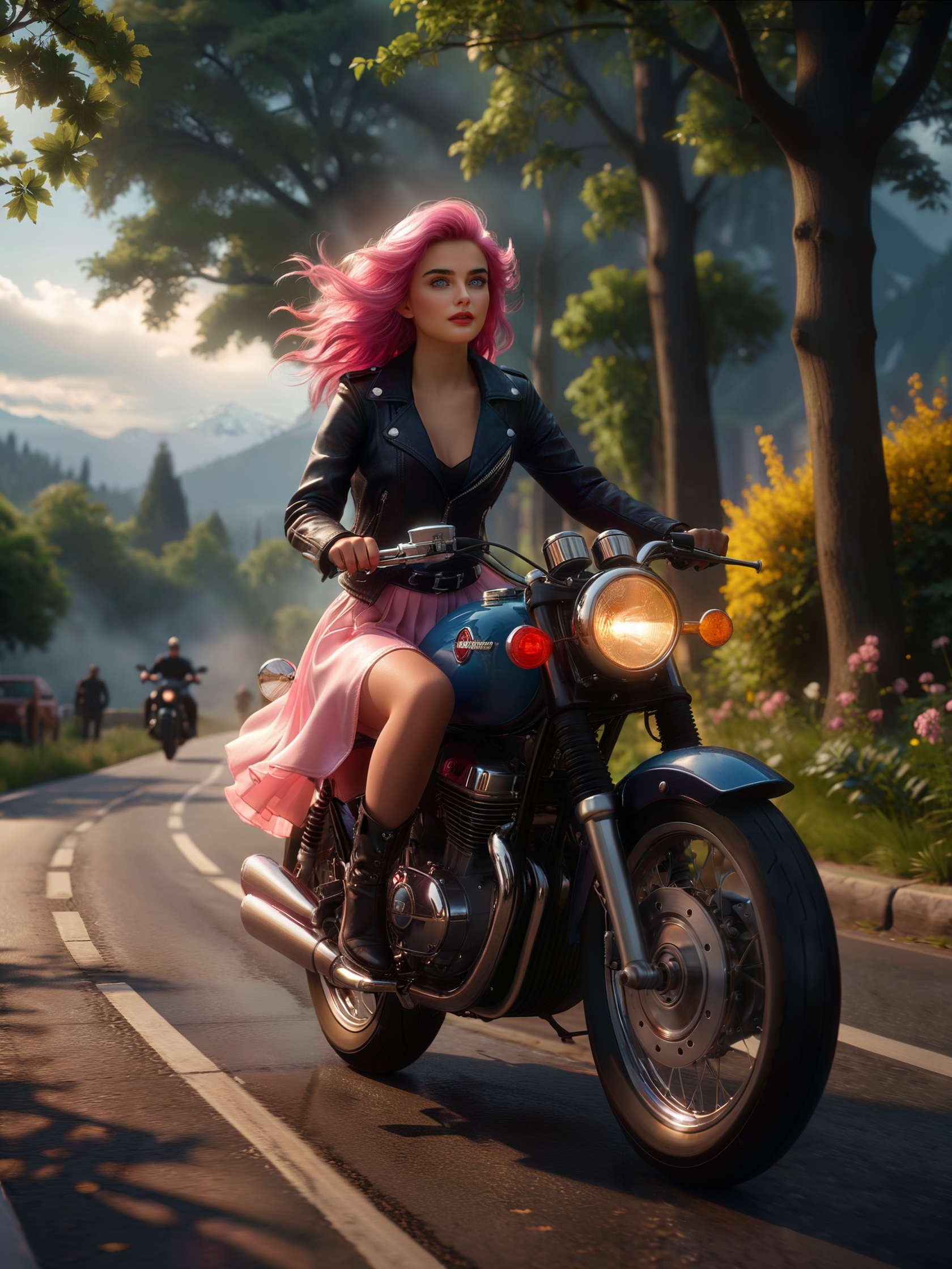 cinematic film still a woman riding a motorcycle down a road next to a forest filled with trees and flowers on a cloudy day, Charlie Bowater, cgstudio, a detailed matte painting, a photorealistic painting, fantasy art, shallow depth of field, vignette, highly detailed, high budget, bokeh, cinemascope, moody, epic, gorgeous, film grain, grainy