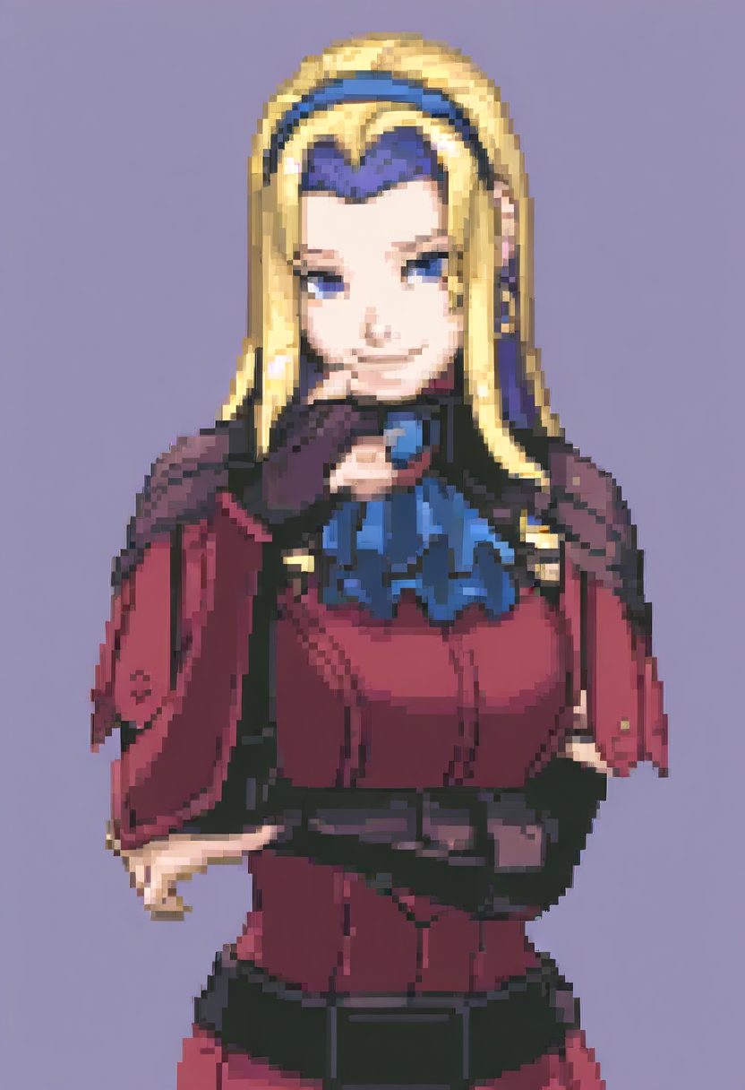 masterpiece, best quality, solo, looking at viewer, 1girl, smile, <lora:Ace-Attorney-Portraits-illus_Fp:1>, portrait, upper body, pixel art, simple background, <lora:feconstance-illu-nvwls-v1:1>, warCon, multicolored hair, blonde hair, blue hair, long hair, blue eyes, blue hairband, earrings, blue ascot, red dress, short dress, armored dress, belt, gauntlets,