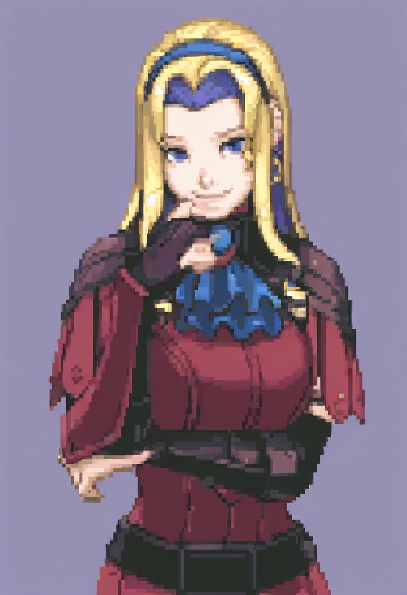 masterpiece, best quality, solo, looking at viewer, 1girl, smile, <lora:Ace-Attorney-Portraits-illus_Fp:1>, portrait, upper body, pixel art, simple background, <lora:feconstance-illu-nvwls-v1:1>, warCon, multicolored hair, blonde hair, blue hair, long hair, blue eyes, blue hairband, earrings, blue ascot, red dress, short dress, armored dress, belt, gauntlets,
