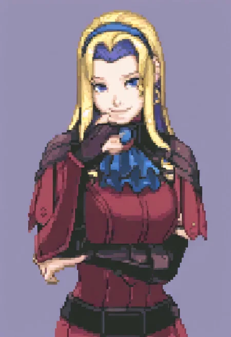 masterpiece, best quality, solo, looking at viewer, 1girl, smile, <lora:Ace-Attorney-Portraits-illus_Fp:1>, portrait, upper body, pixel art, simple background, <lora:feconstance-illu-nvwls-v1:1>, warCon, multicolored hair, blonde hair, blue hair, long hair, blue eyes, blue hairband, earrings, blue ascot, red dress, short dress, armored dress, belt, gauntlets,