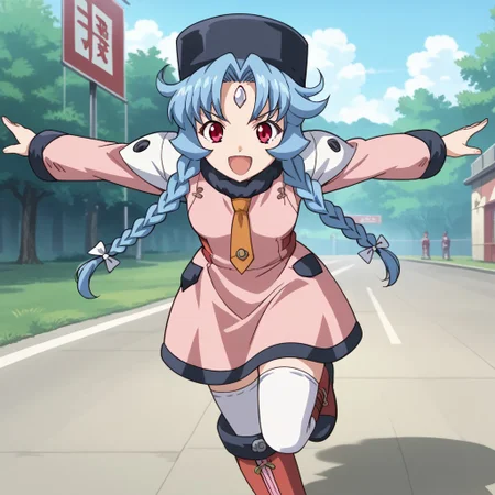 score_9, score_8_up, score_7_up, source_anime, 2d, anime_screencap ,1girl, solo, muchakarenina, blue hair, twin braids, red eyes, hat, dress, necktie, thighhighs, boots, forehead jewel, running, arms behind back, arms straight, arms, outstretched arms, intense, dynamic pose, meme, outdoors, open mouth, smile