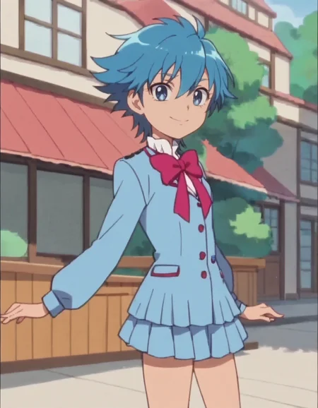 score_9, score_8_up, score_7_up, anime screencap, solo,1girl,nishijimawaon, school uniform,blue hair,blue eyes, blue shirt, skirt, pink bow,long sleeve,looking at viewer,smile,cowboy shot,small breasts<lora:nishijimawaon:0.8>,