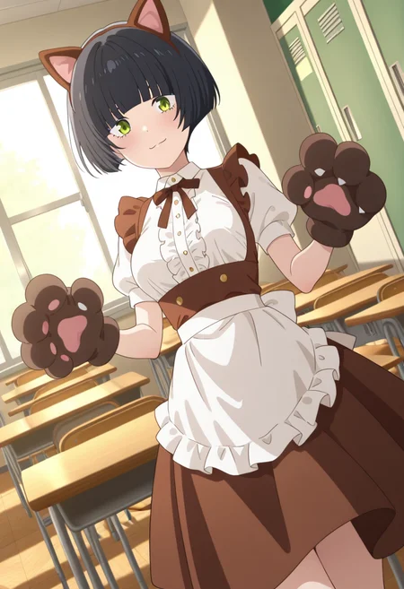 masterpiece,best quality,absurdres,perfect lighting,indoors,classroom,window,locker,
*//*,<lora:HealerGirl_ShinobuHonosaka-Illustrious:1>,shinobu_honosaka,1girl,solo,black hair,short hair,bob cut,green eyes,white shirt,brown dress,center frills,brown skirt,puffy sleeves,puffy short sleeves,brown ribbon,white waist apron,fake animal ears,cat ears,paw gloves,brown gloves,medium breasts,
*//*,looking at viewer,cowboy shot,dutch angle,dynamic pose,light smile,