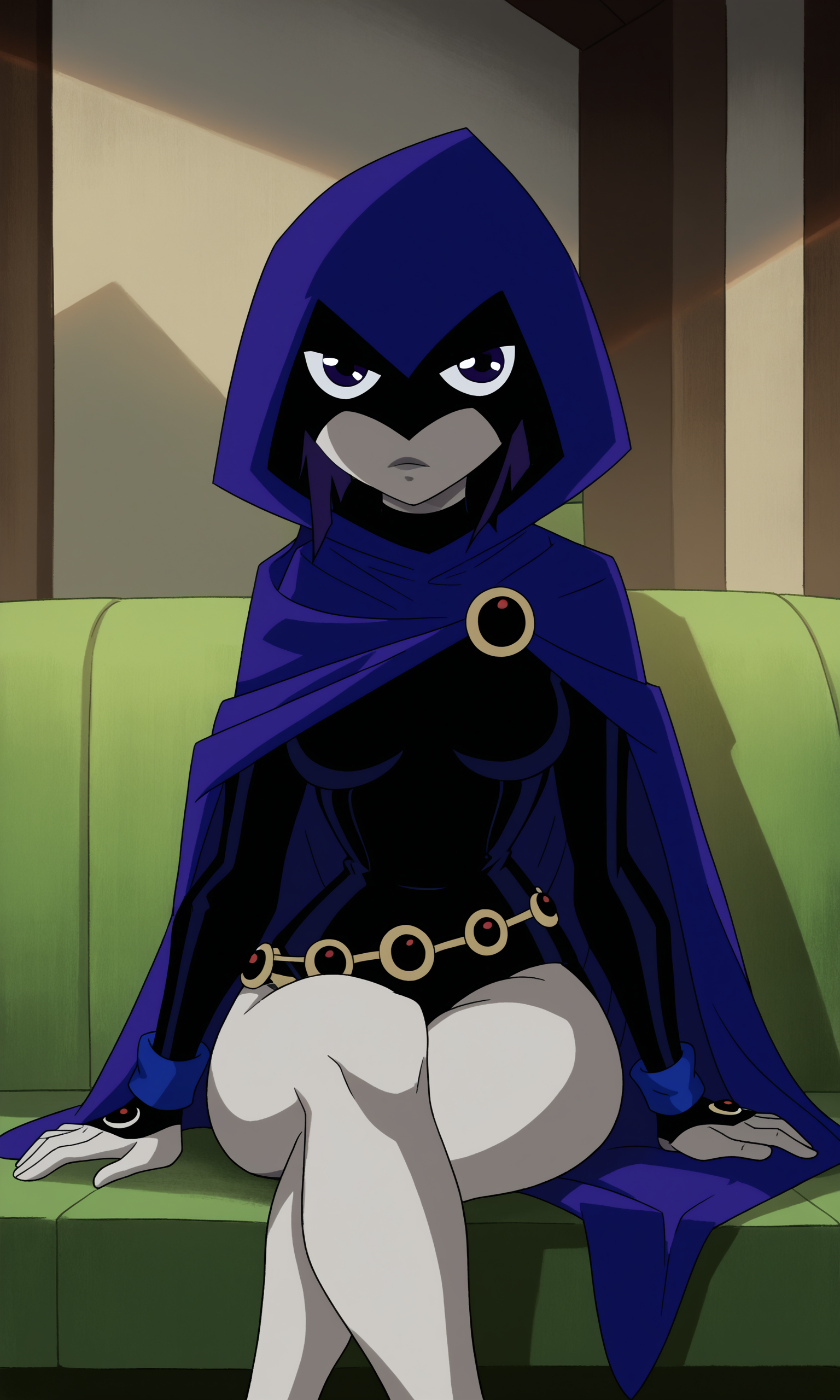 score_9, score_8_up, score_7_up, 1girl, raven, purple_eyes, medium_breasts, hooded_cloak, hood_up, blue_cloak, black_leotard, loose_belt, wristband, sitting, crossed_legs, on_sofa, indoors, looking_at_viewer, thighs,
