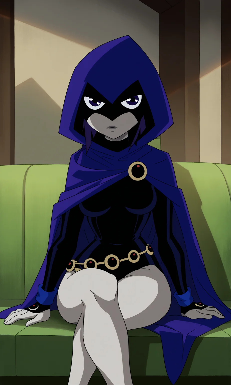 score_9, score_8_up, score_7_up, 1girl, raven, purple_eyes, medium_breasts, hooded_cloak, hood_up, blue_cloak, black_leotard, loose_belt, wristband, sitting, crossed_legs, on_sofa, indoors, looking_at_viewer, thighs,