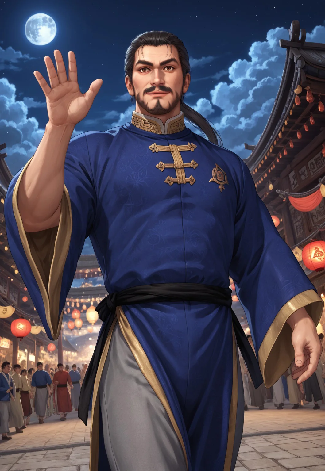 score_9, score_8_up, PangDeDW, black hair, long hair, ponytail, hair tie, brown eyes, beard, mustache, mature male, muscular, blue robes, wide sleeves, gold accents, black sash, grey pants, looking at viewer, smile, dynamic pose, detailed background, dutch angle, upper body, cowboy shot, night, moon, bloom, clouds, ancient china, festival, old lanterns, walking down, waving,