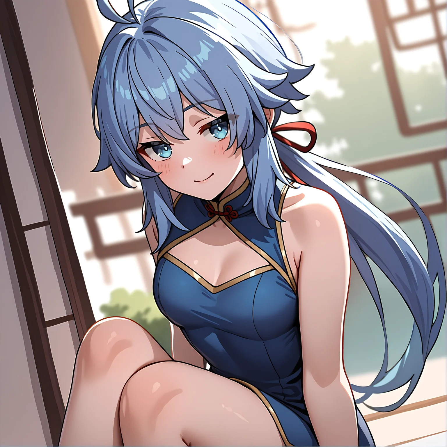 newest,absurdres,masterpiece,highres,<lora:noobai_ep11_stabilizer_v0.138_fp16:0.8>,riel,blue hair,blue eyes,low ponytail,<lora:riel:1>,seductive_smile,china_dress,