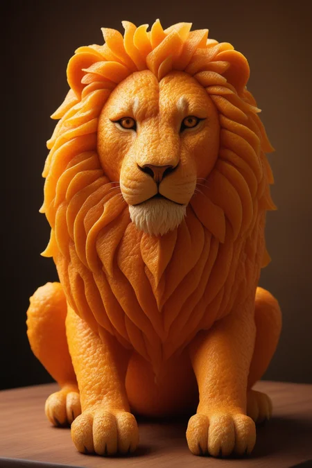 high quality,masterpiece,ultra-high resolution,incredible composition,extremely detailed, <lora:Orange_Peel:0.8>, A majestic lion sculpted entirely from orange peel, its rugged, textured orange surface glistening with intricate details of citrus skin. The lionâs mane flows with layered peel fragments, capturing a fierce yet regal expression. Photographed in ultra-high resolution with a macro lens, showcasing every bump and pore of the orange peel texture. The background is a sleek, professional food photography setup with soft warm lighting, a rustic wooden table, and subtle citrus fruit accents like scattered orange slices and green leaves, creating a vibrant yet sophisticated ambiance.