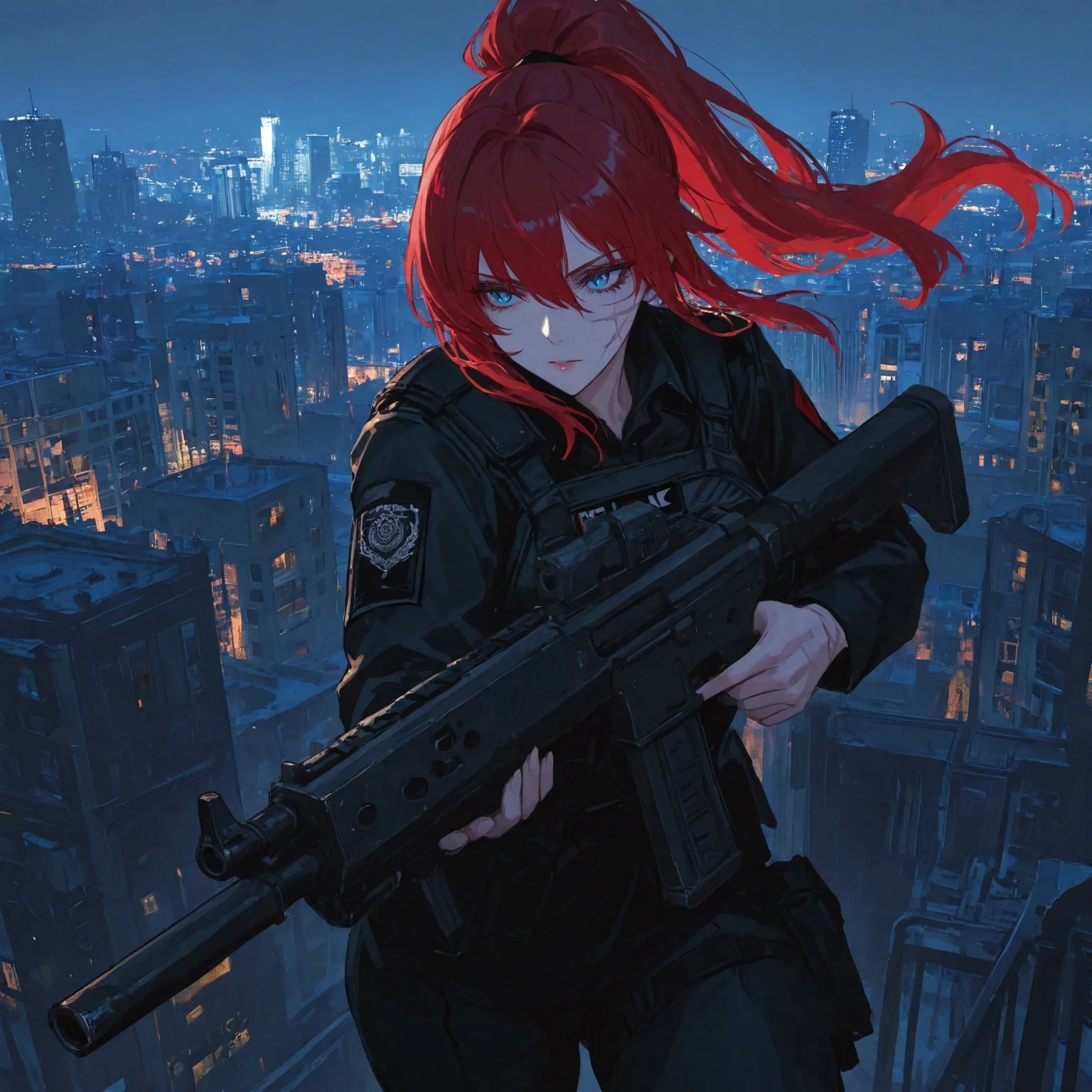 masterpiece, best quality, very aesthetic, best quality, amazing quality, rich colour tones, adult woman, 1woman, red hair, long hair, hair in high ponytail, blue eyes, scars, scar on cheek, military gear, all black military gear, all black outfit, two pistols, gun, nighttime background, city background, dynamic pose