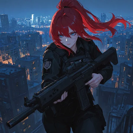 masterpiece, best quality, very aesthetic, best quality, amazing quality, rich colour tones, adult woman, 1woman, red hair, long hair, hair in high ponytail, blue eyes, scars, scar on cheek, military gear, all black military gear, all black outfit, two pistols, gun, nighttime background, city background, dynamic pose