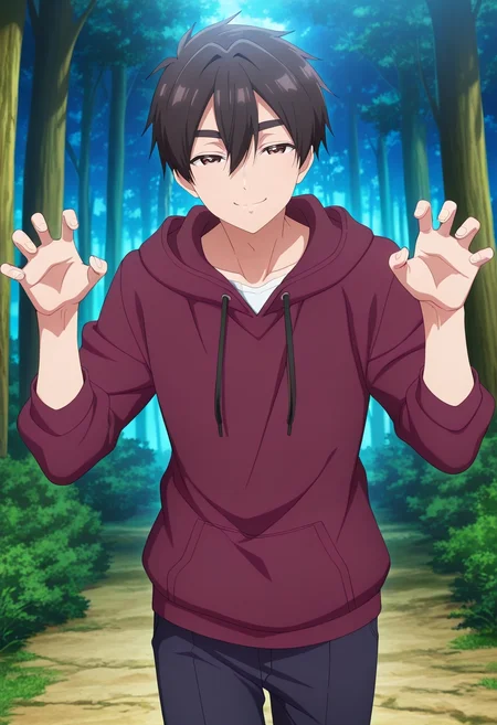 masterpiece, best quality, , anime screencap, anime coloring, official style, , 1boy, solo, male focus, <lora:rentarou_aijou_ilxl:0.92>, rentarou_aijou, black hair, brown eyes, short hair, hair between eyes, bangs, wide angle, wide shot, cowboy shot, forest, light, claw pose, half-closed eyes, smile,