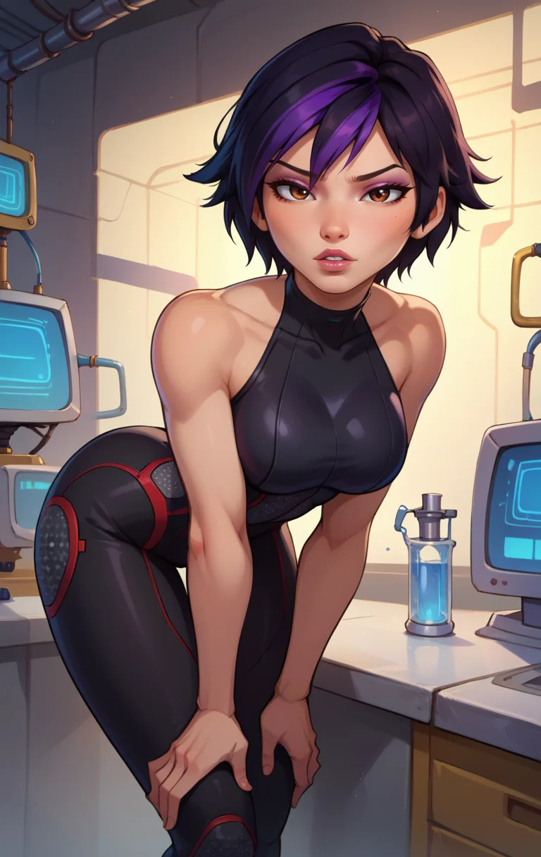 score_9, score_8_up, score_7_up, BREAK, <lora:Gogotomago:0.8> gogotomago, 1girl, solo, looking at viewer, short hair, black hair, purple hair, bare shoulders, brown eyes, parted lips, lips, black bodysuit, bent over, skin tight, laboratory background, cowboy shot,